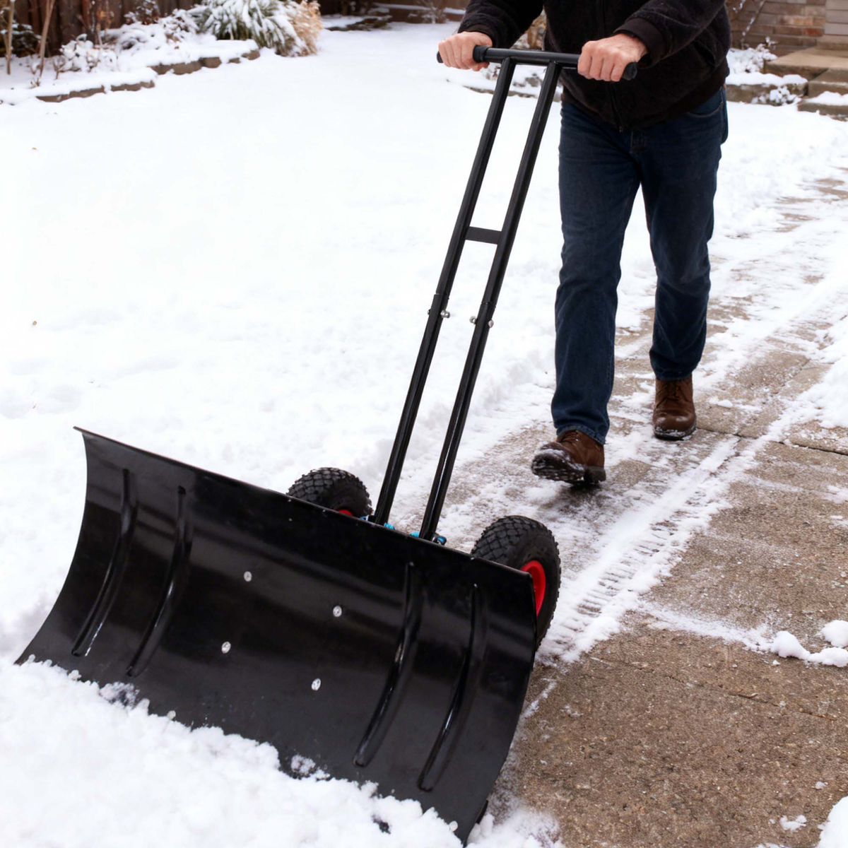 RocVanc 30" Galvanized Blade Snow Shovel w/ 2 Wheels, Heavy Duty Rolling Snow Pusher, 5-Level Adjustable Handle & Blade Angle for Driveway Walkway