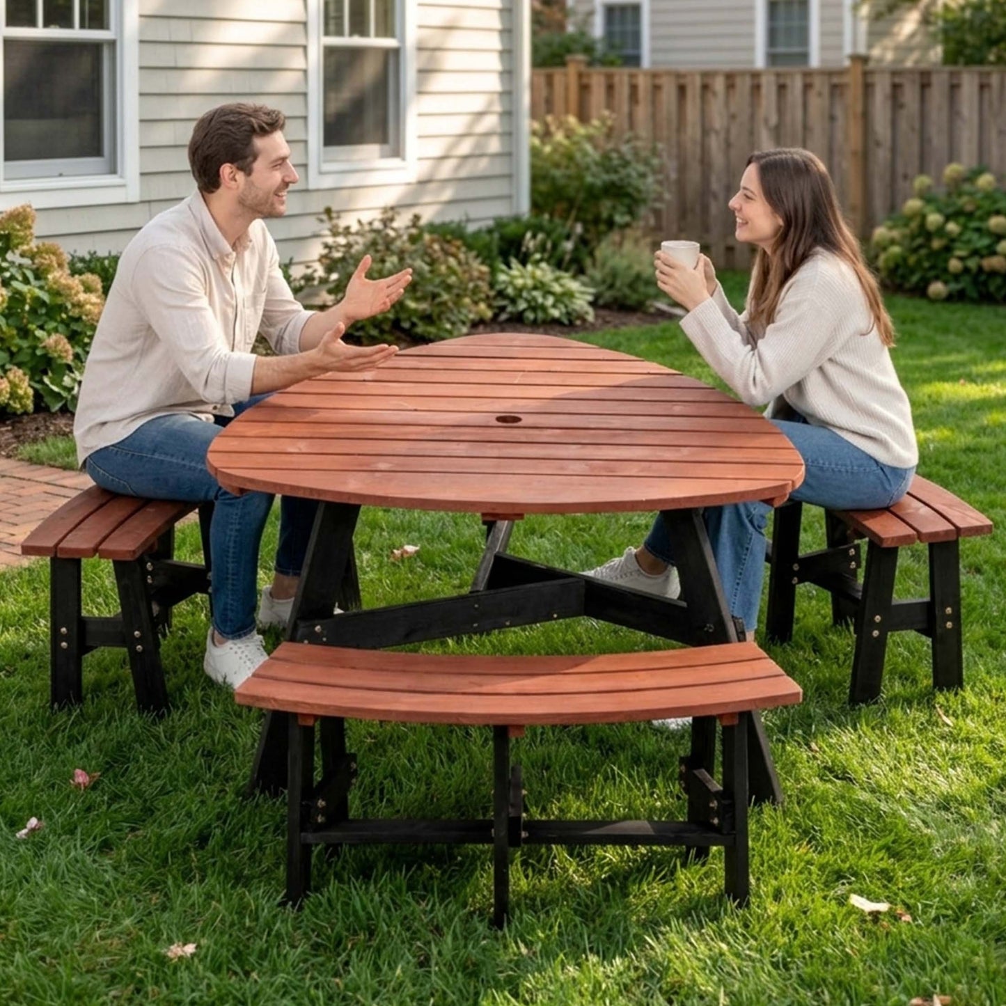 RocVanc 6 Person Outdoor Wooden Picnic Table Set with 3 Curved Benches for Patio Backyard Garden, Solid Wood Triangular Dining Table with Umbrella Hole, Brown