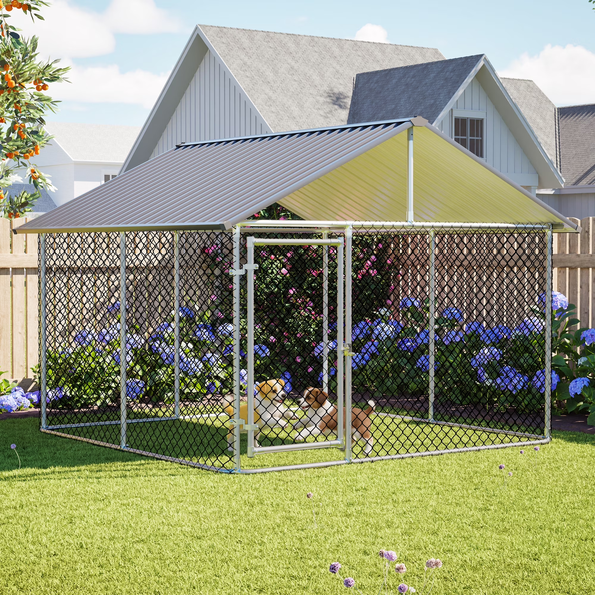 RocVanc Heavy Duty Dog Kennel Outside with Galvanized Steel Roof Large Outdoor Dog Enclosure Crate Shade Dog Pen Playpen Pet Dog Run House UV & Waterproof