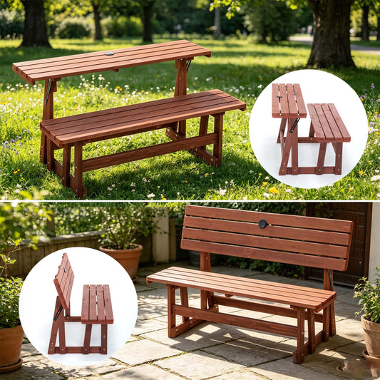 RocVanc 2-in-1 Convertible Wooden Picnic Table and Garden Bench with Umbrella Hole, All-Weather Outdoor Patio Furniture for Yard, Deck and Balcony